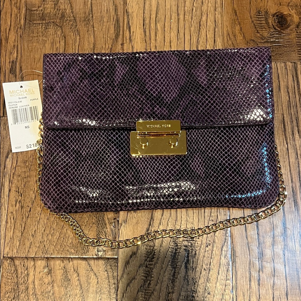 NWT Michael Kors Sloan Purple Snakeskin Clutch with Gold Chain
